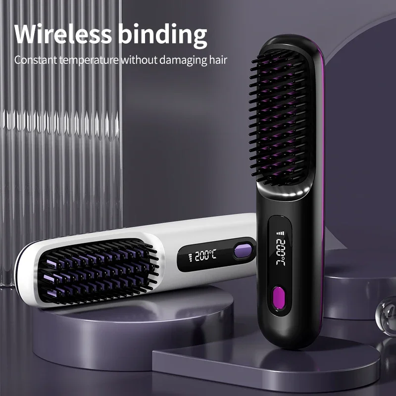 Electric LCD Usb Ceramic Heating Straight Hair Comb Wireless Portable Negative Ion Styling Tool Rechargeable Straightening Brush