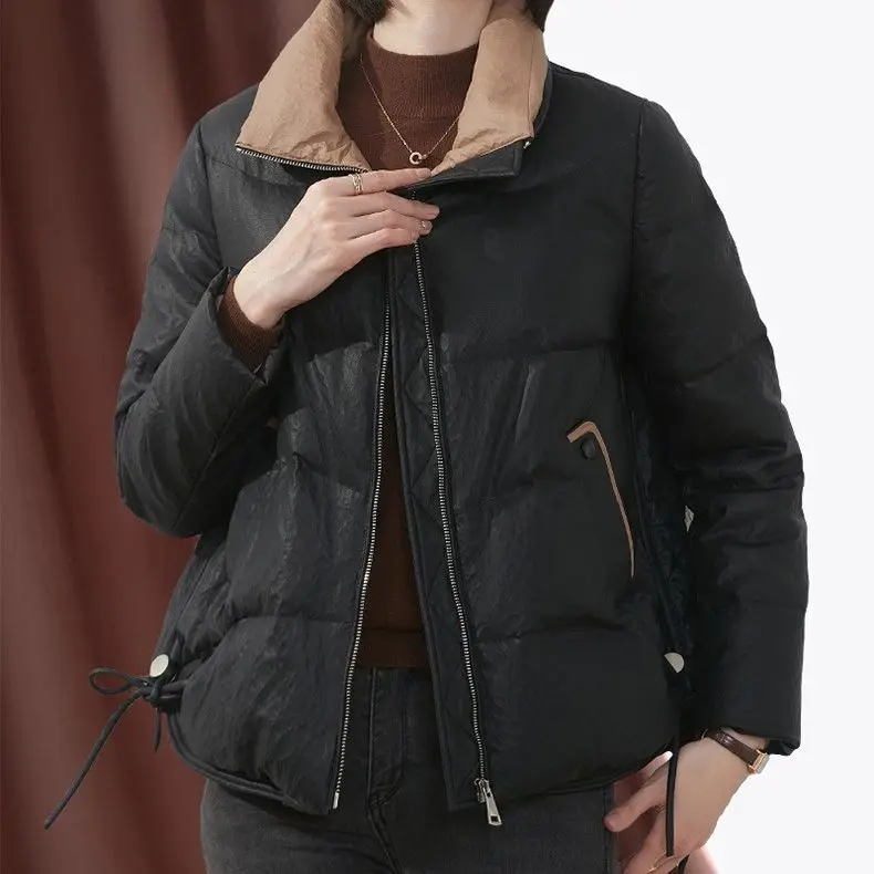 2023 Promotion  Winter New Standing Collar Warm Leather Down Coat for Women Small Mom Short White Duck Down Coat Trend