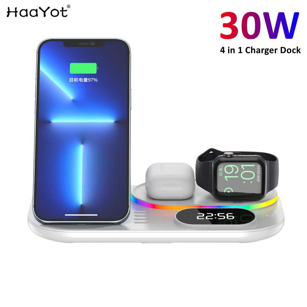 LED 4 in 1 Wireless Charger Dock Fast Charging Station for Apple Airpods iWatch iPhone 12 13 14 15 Pro Samsung Xiaomi Huawei