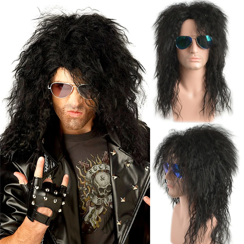 Men Long Curly Synthetic Wigs for Men\'s Cosplay Wig Mixed Male Curly Hair Heat Resistant Vintage Rock Show Wig Actor Props