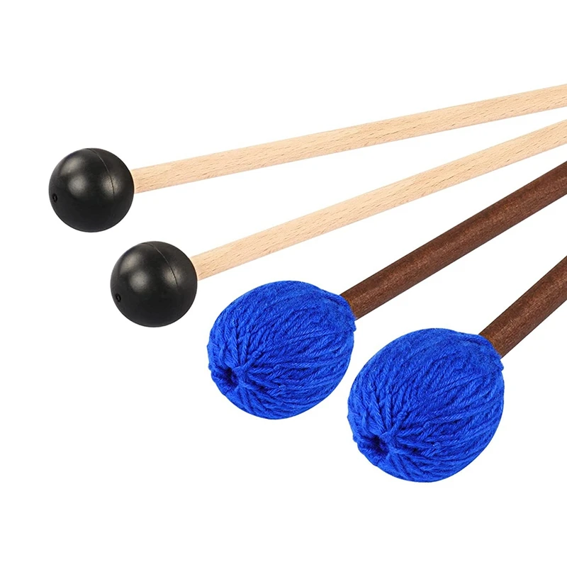 New 2 Pairs Marimba Mallets Glockenspiel Sticks With Wood Handle Medium Hard Blue Yarn And Black Rubber With Wood Handle