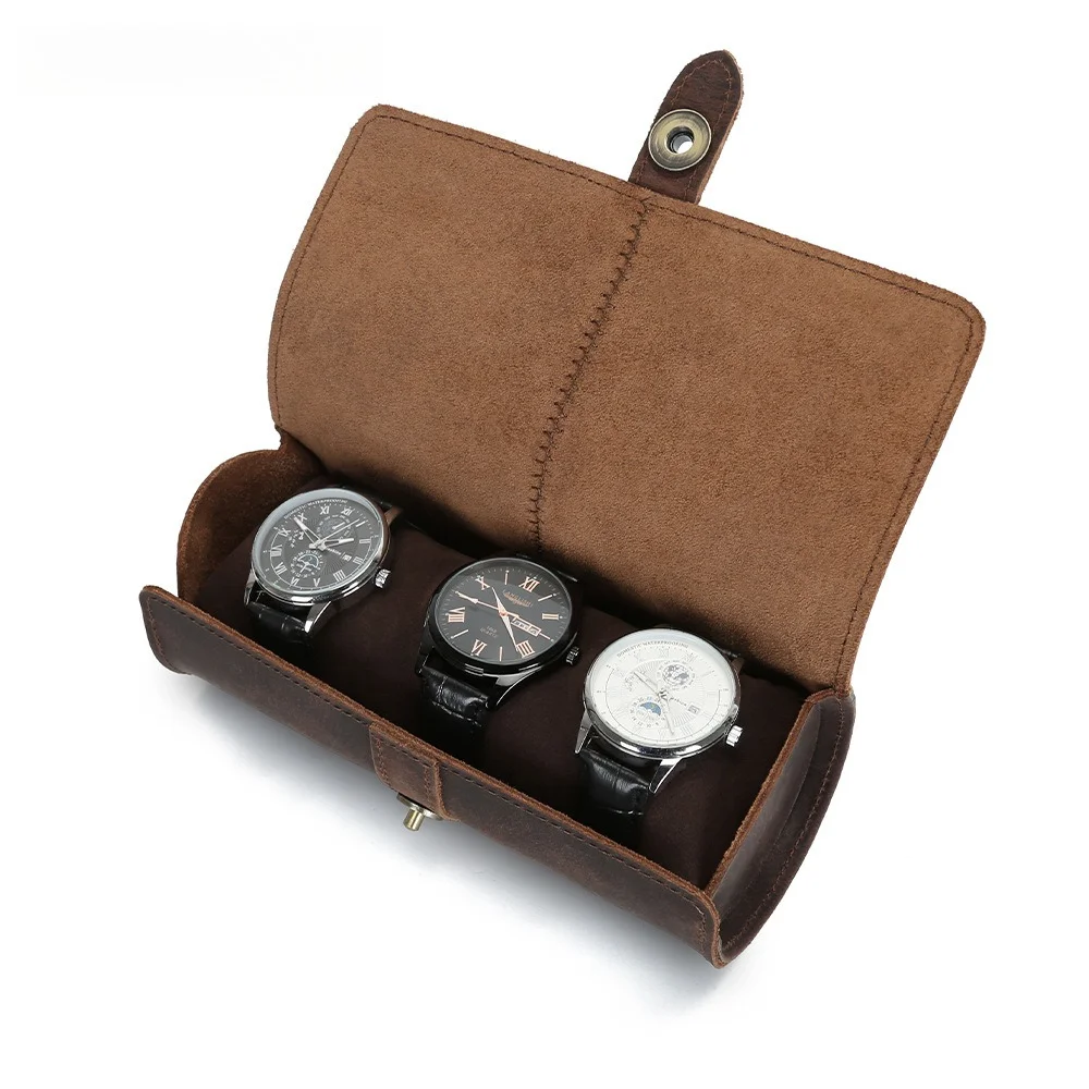 Retro Crazy Horse Leather Watch Box Creative Round Buckle Leather Storage Box Three Packs of First-layer Cowhide