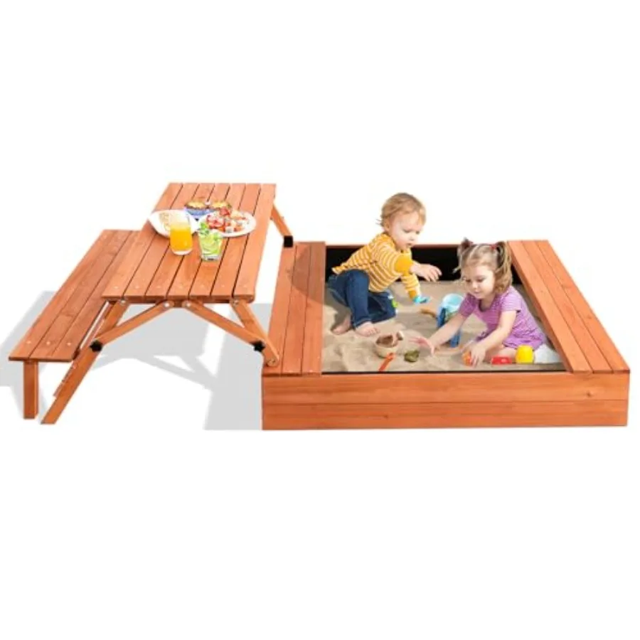 Sabbiera da esterno in legno Grande scatola di sabbia con coperchio Sabbiera con coperchio Regalo per 28 anni Tavolo da picnic pieghevole e rivestimento inferiore del sedile