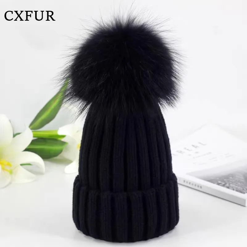 

Handmade Knitted Beanie Hat with Real Raccoon Fur Pom Pom CX-C-237D