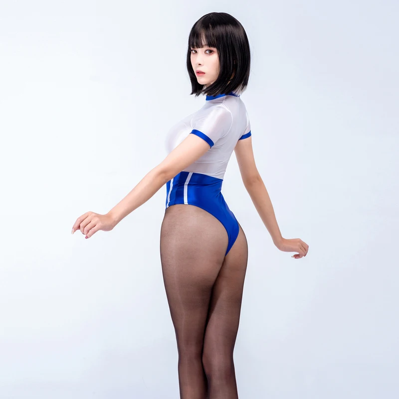 Sexy Japanese women bodysuit Glossy see through thong one-piece Swimsuit Colorblock tights bathing suits High Stretch suit