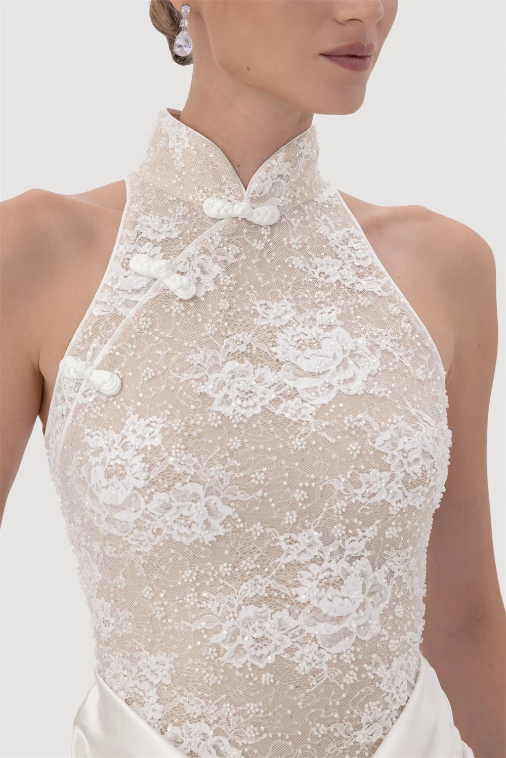 Tokyo Customized Chinese cheongsam collar Lace Mermaid Satin Dresses Wedding guest dress Sleeveless Two-piece Evening dress 2026
