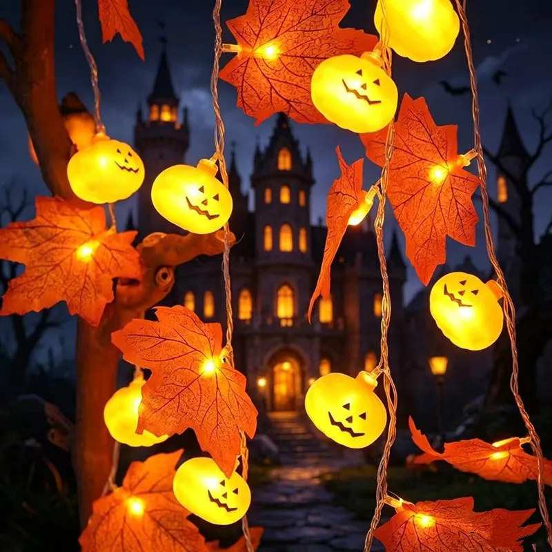 Halloween Pumpkin String Lights Maple Leaf Fairy Lights, Battery Operated Fall Decor Lights for Indoor Party Yard
