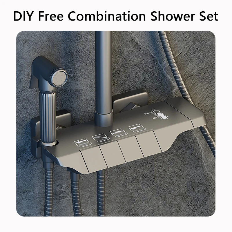 LED Hot Cold Bathtub Faucet Set  Combination Temperature Shower Piano Key Set Bathroom Brass Shower System