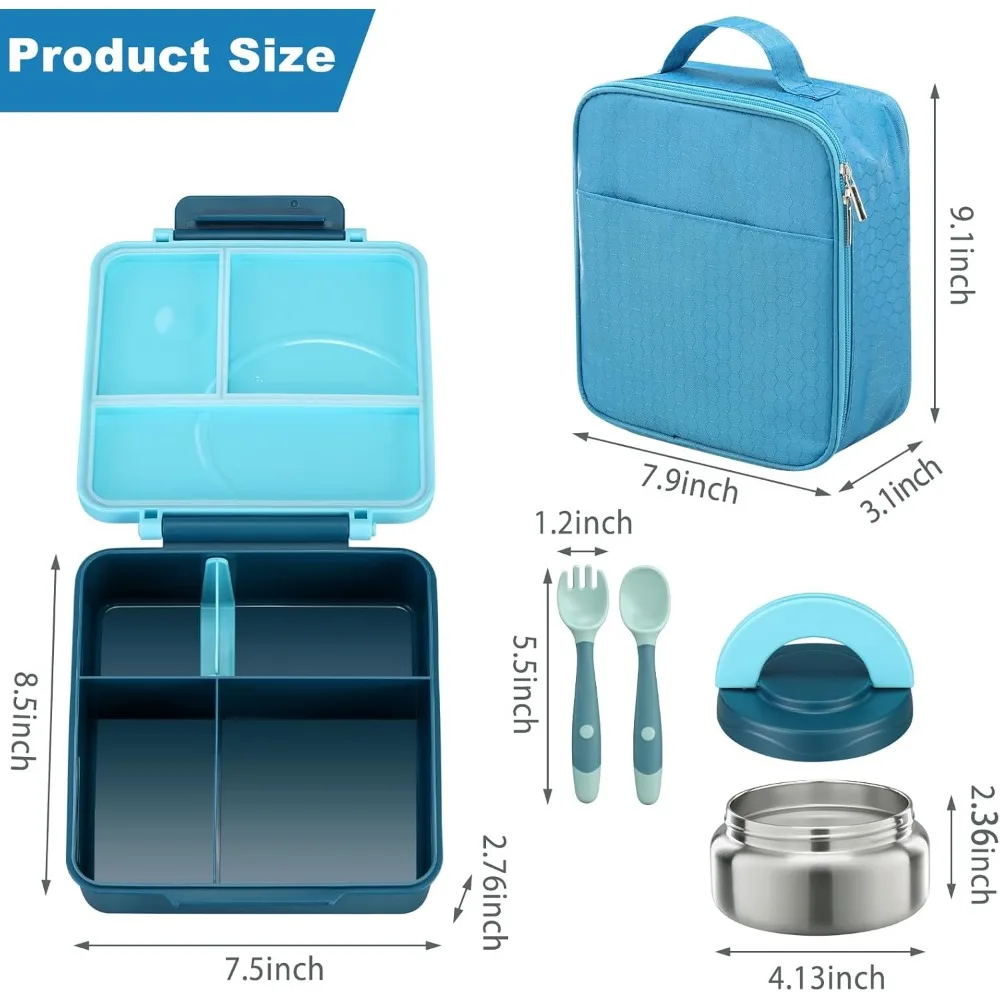 طقم صندوق غداء بينتو للأطفال مع ترمس حساء سعة 8 أونصة، وحاويات مانعة للتسرب وحقيبة معزولة للمدرسة - أزرق