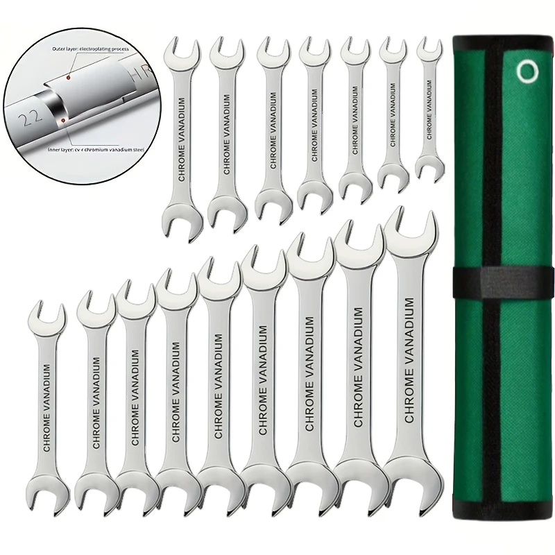 

Набор сверхдлинных гаечных ключей из 8 предметов, двусторонний открытый ключ 6–24 мм, двойного назначения, с высоким крутящим моментом, с сумкой для хранения, процесс антикоррозийной полировки зеркал, используется для ремонта и дома своими руками