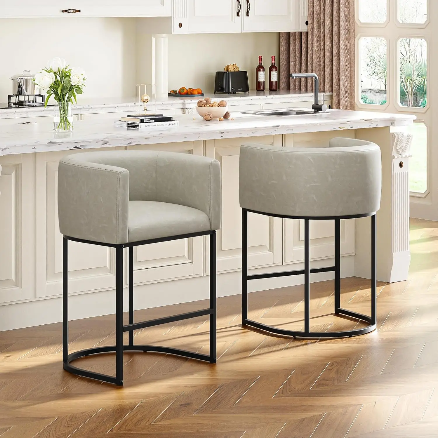 

Grayish White Counter Height Bar Stools Set of 2 26 H Modern Barrel Upholstered Accent Barstools with Backrest Arms Faux Leather