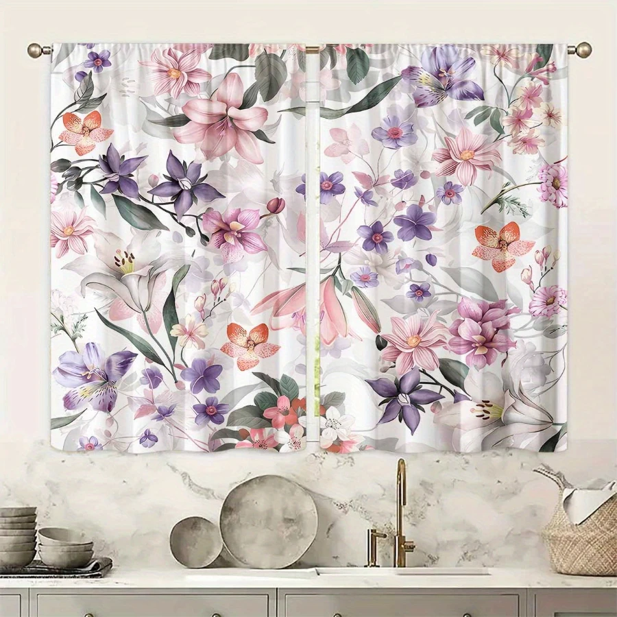 2PCS Digital Printed Curtains, Pink Purple Flower Cluster Design, Floral Flower Style for Living Room Bedroom Home Decor