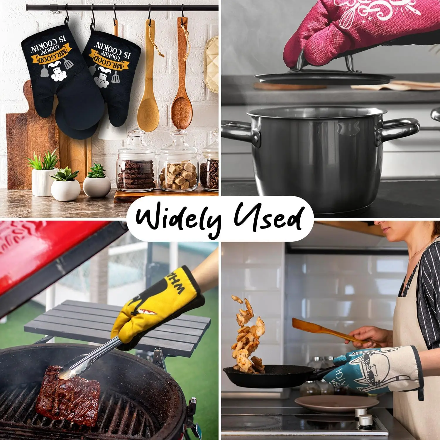 Mr.Good Lookin' is Cookin' Funny Black Oven Mitts with Hanging Loop and Non-Slip Family Cooking Baking Kitchen
