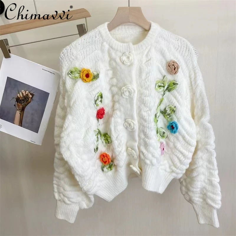 

French Lazy Casual Handmade Crochet 3D Flower Round Neck Long Sleeve Single-Breasted Loose Knitted Sweater Cardigan Women Autumn