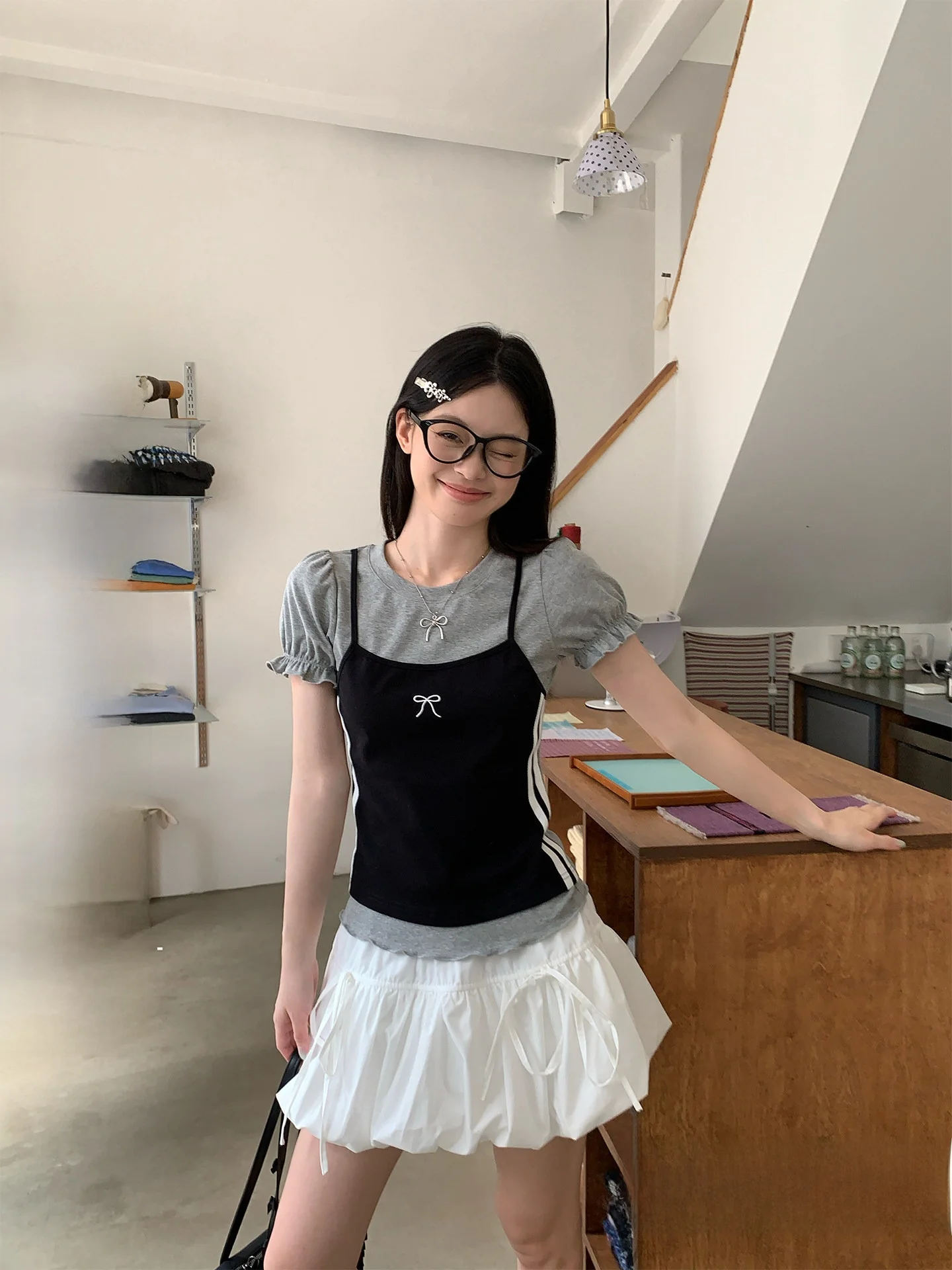 

Black Slim Fit Short Sleeve T-Shirt Women's Summer New Design Socking Shoulder False Two-Piece Top Stylish Versatile Korean S...