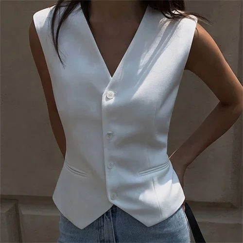 Traje sin mangas a la moda para mujer, chaleco liso con una hilera de botones, Tops con cuello en V, ropa elegante de oficina para mujer, cárdigan informal ajustado para calle