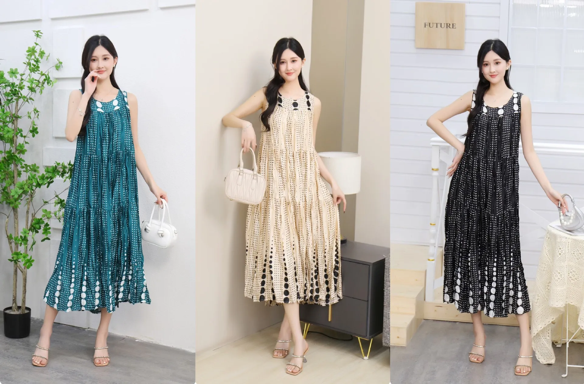 주름진 레트로 폴카 도트 드레스 여성 여름 편안한 매력적인 경량 민소매 해변 휴가 스타일 빅 스윙 스커트