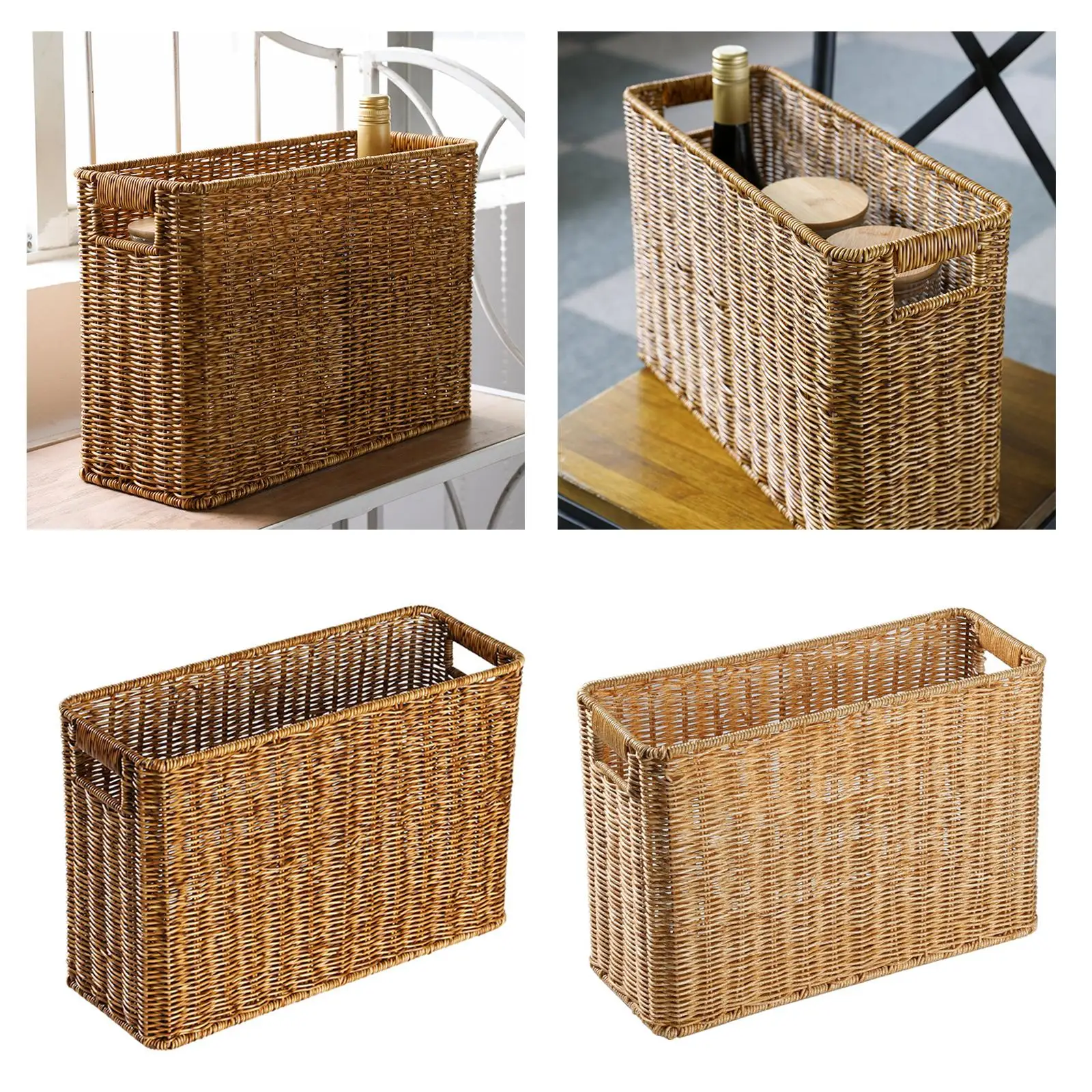 Hand-Woven Basket Plastic Rattan Sundries Storage Bins Japanese Style Finishing Basket for Closets Bedroom Newspaper Home