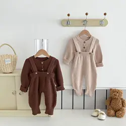 Ins Autumn Baby Boys 2PCS Knitwears Set Cotton Knitted Coat Solid Stretch Suspender Pants Suit Toddler Boys Outfits