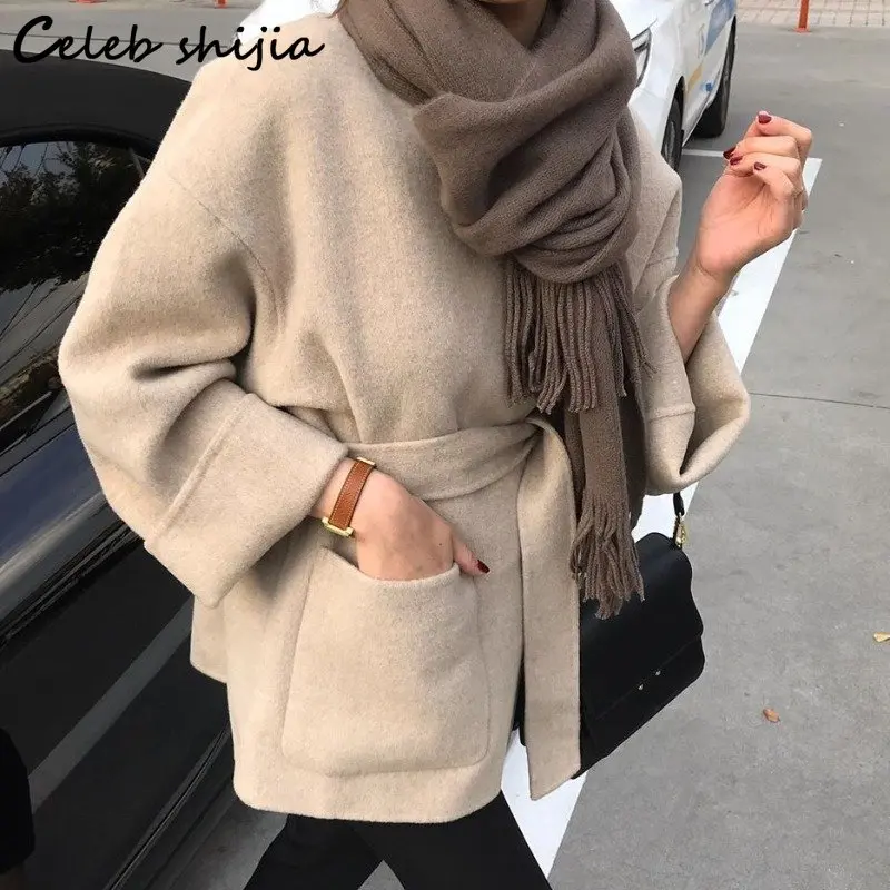 Khaki Thicken Wool Jacket Women V-neck Winter 2023 Chic Loose Blend Coat Female with Belt Autumn Streetwear Warm Outfit