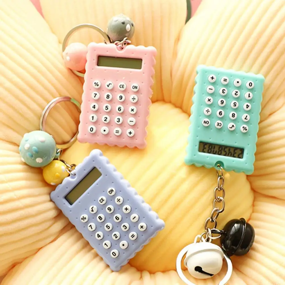 Novelty Keychain Calculator Cute Cartoon Biscuit Shape Keychain Calculator with 8 Digits Lcd Display Durable Mini for On-the-go