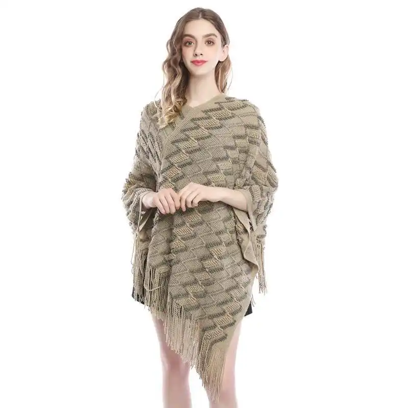 2024 Women's Mid-Length Fashion Z-Shaped Casual All-Matching Tassel Cape and Shawl V-neck Knitted Sweater for Women