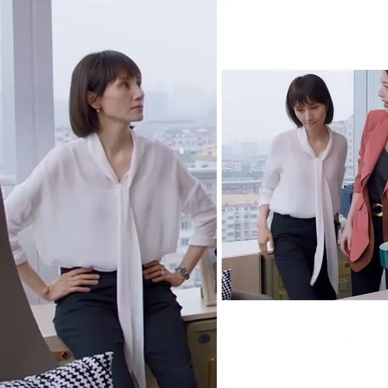 

EXJR White Silk Shirt for Women with Knot Spring Summer Commute Style Long Sleeve V-Neck Cotton 70% Silk 30% Blend