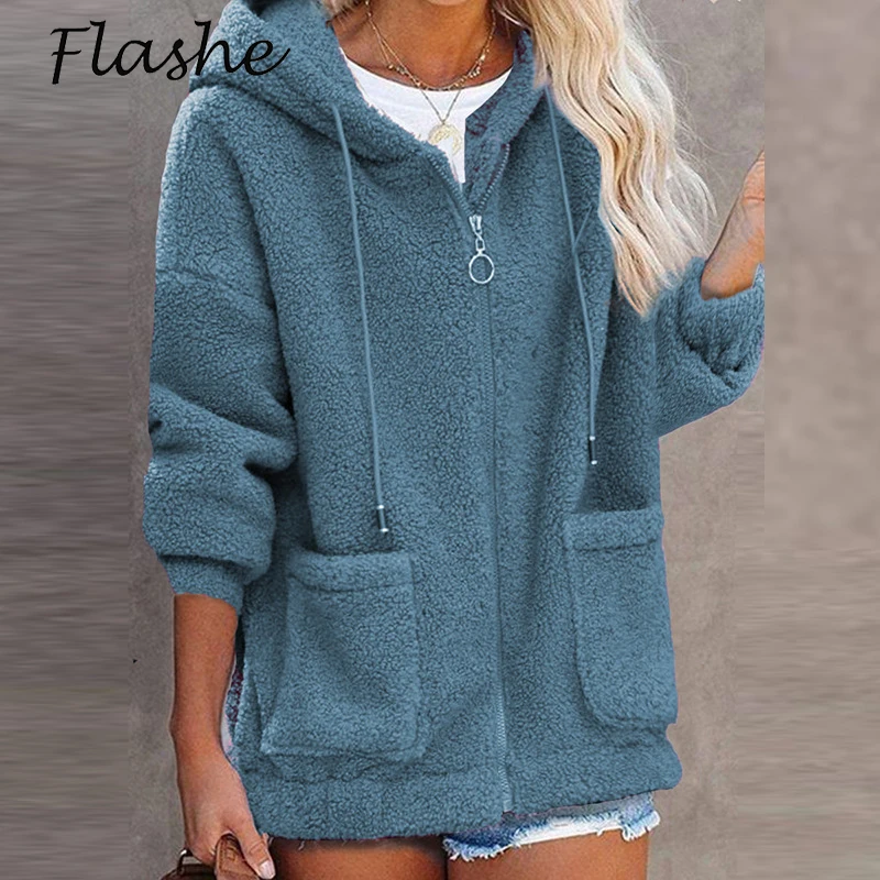 Autumn Winter Warm Jacket Women Casual Hoodies Coats Long Sleeve Outwears Solid Pocket Zipper Plush Coats