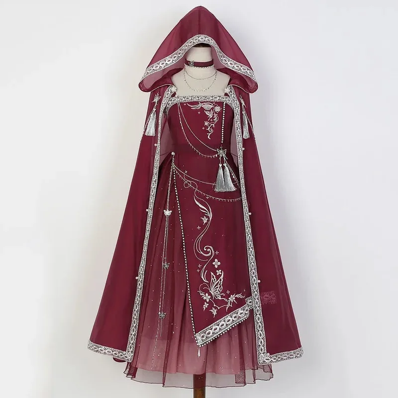 Starry River Dreams-vestido rojo Miao Han Element con tirantes, faldas de estilo chino, vestidos góticos para mujer, capa roja y azul