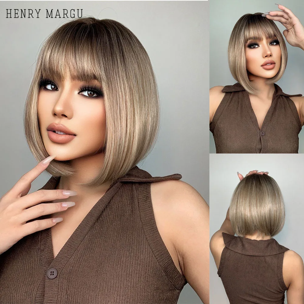 HENRY MARGU Short Straight Ombre Brown Blonde Bob Wig With Bangs Synthetic Hair Wig for Women Cosplay Lolita Heat Resistant