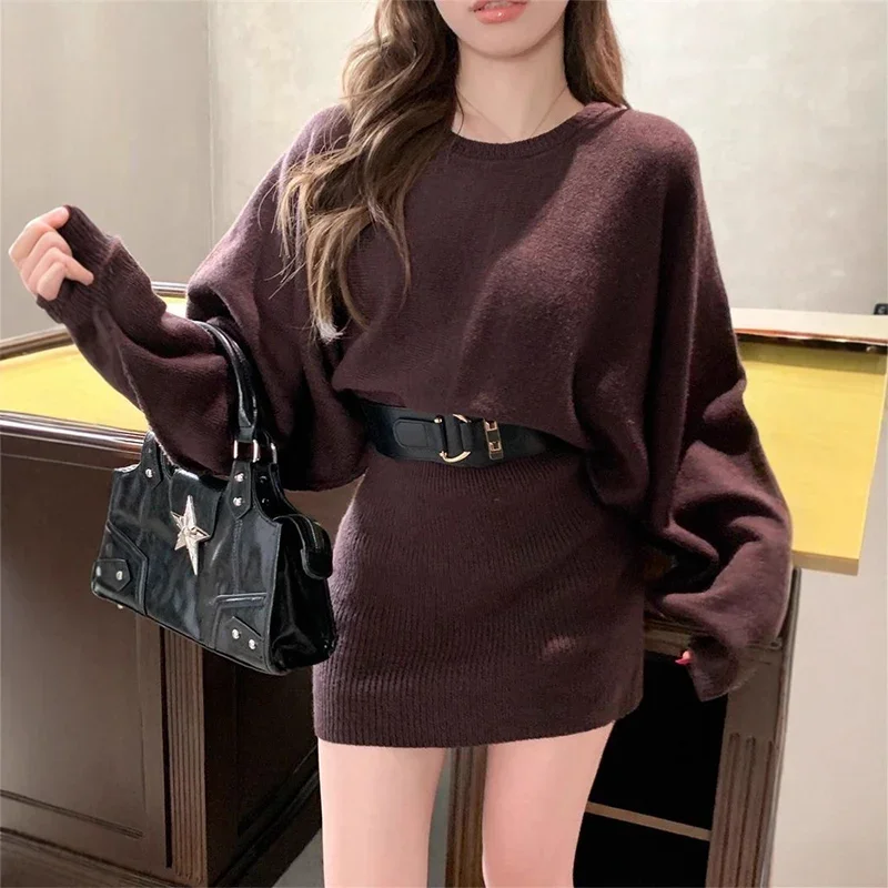 جديد الفرنسية Batwing كم فساتين صغيرة النساء خمر س الرقبة محبوك فساتين الخريف الخصر محرك سليم التفاف الورك فستان للمرأة #3