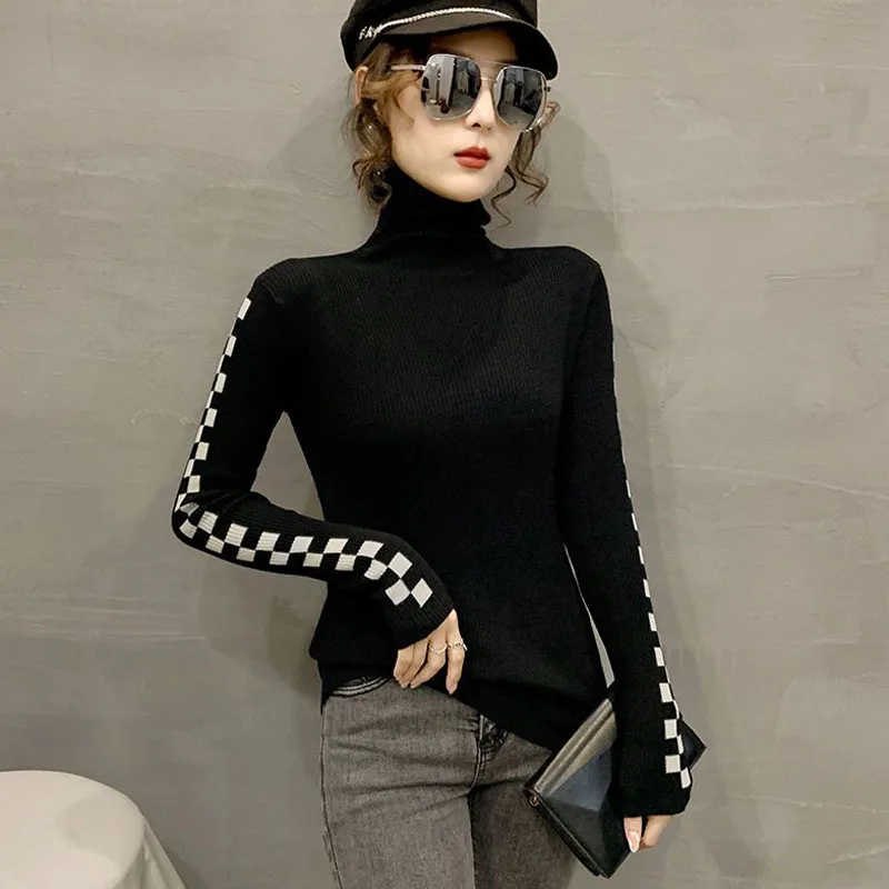 Women Clothing Fashion Turtleneck Pullover Autumn Winter Solid Plaid Slim Long Sleeve Sweater Office Lady Casual Stylish Top