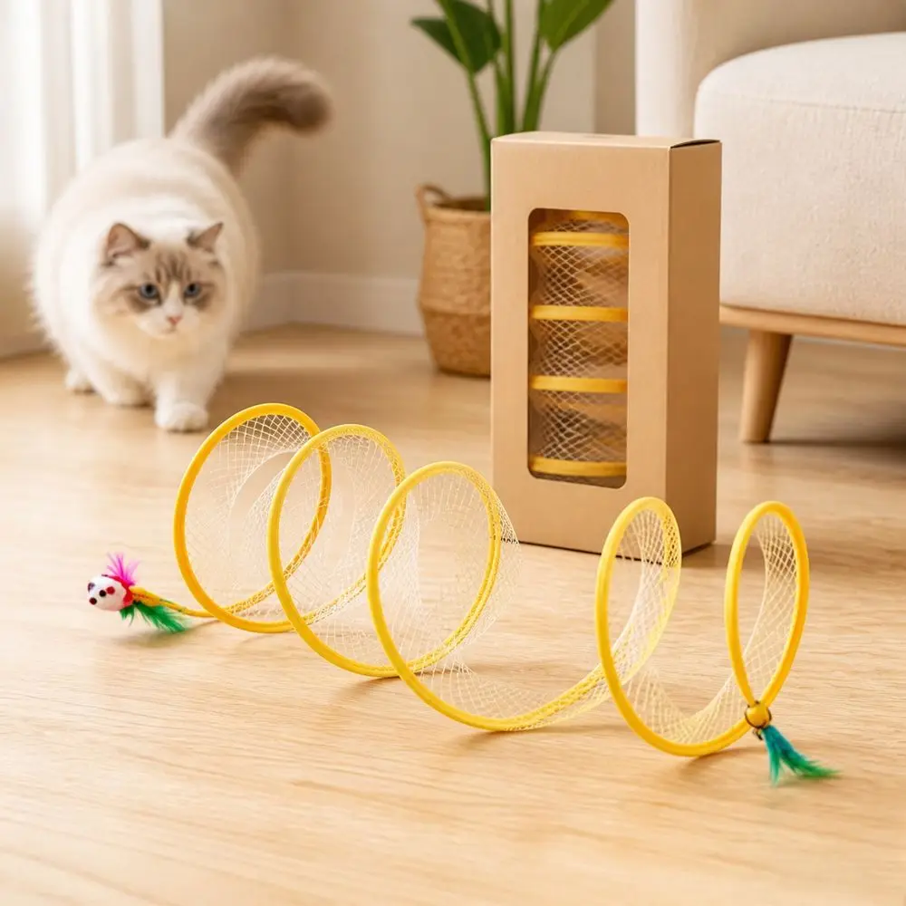 Polyester Mesh Cat Tunnel Toy Flexible Spiral Structure Steel Wire Frame Kitten Play Tunnel Breathable Mesh