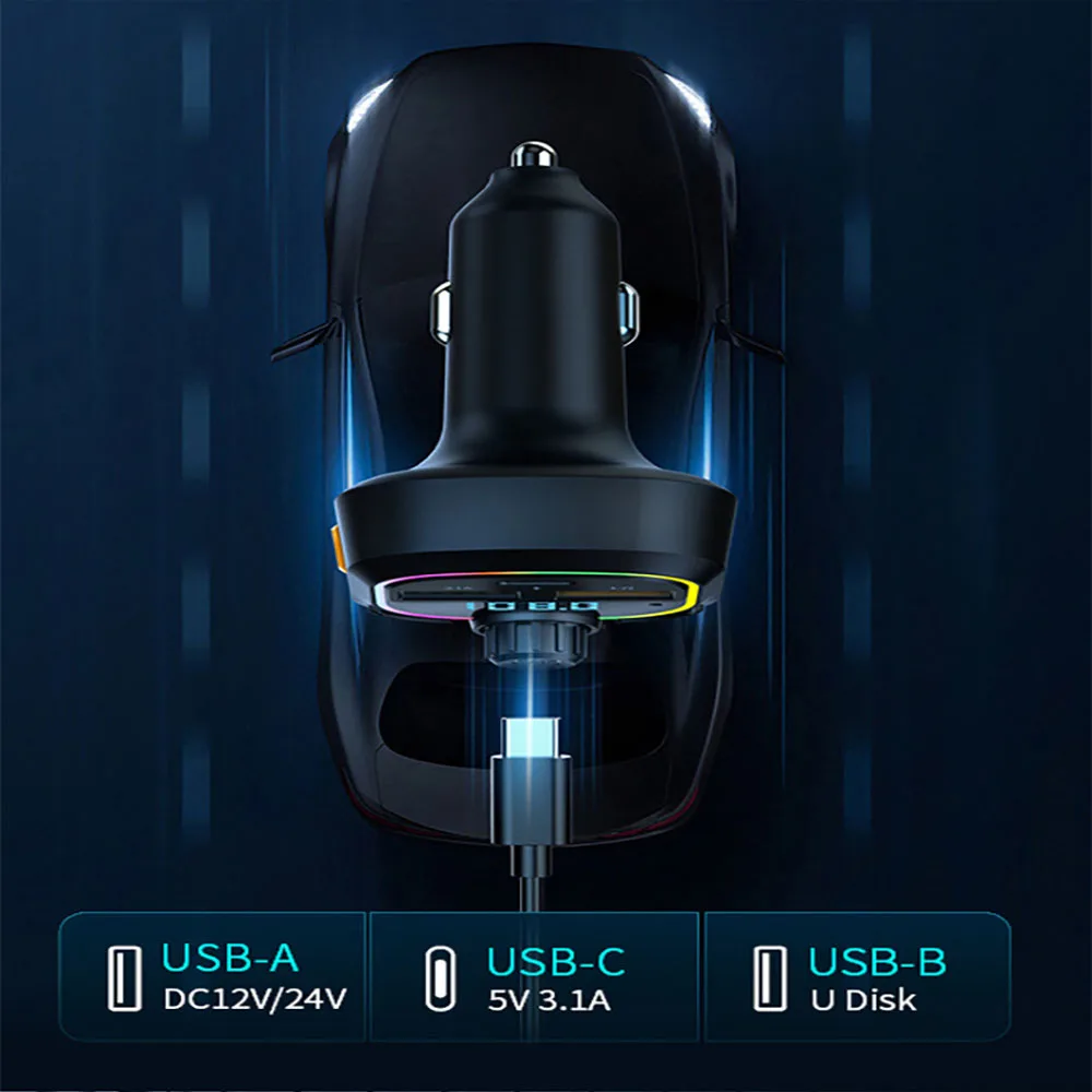 شاحن سيارة بلوتوث 5.0 FM الارسال PD Type-C المزدوج USB المحيطة لاعب شاحن MP3 Type-C الضوء اللاسلكي يدوي