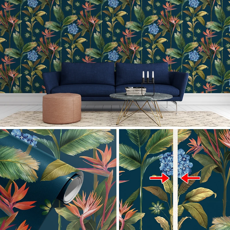 Papel tapiz Floral de bosque lluvioso Tropical, vinilo impermeable de pelar y pegar, decoración de pared, hojas azules, pegatina extraíble para