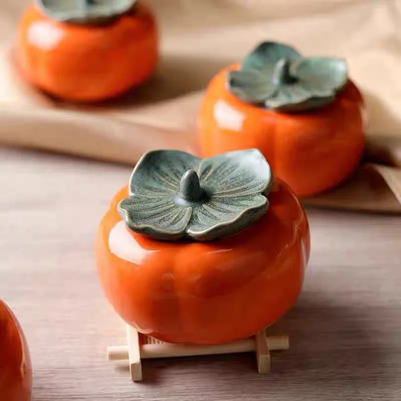 1PCS Luxury Persimmon Sugar Bowl Tea Cans Coffee Box Household Decoration Ornaments Candy Jar Ceramic with Lid Creative Cans