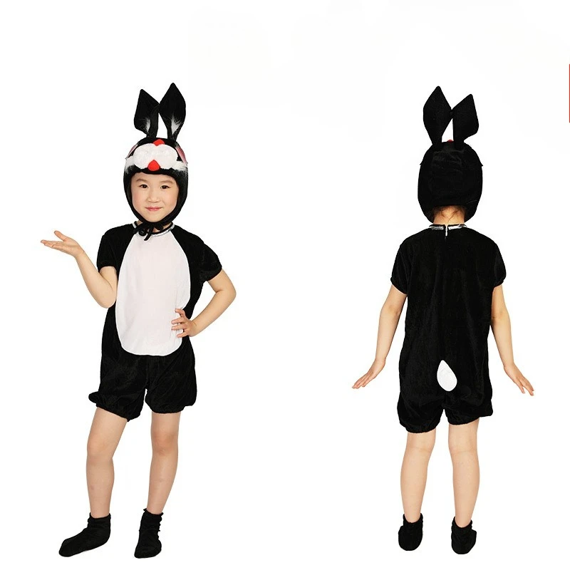 Kid Black Red Rabbit Cotton Bunny Onesie Hooded Stage Performance Outfit Halloween Easter Carnival School Show Cute DressUp Suit