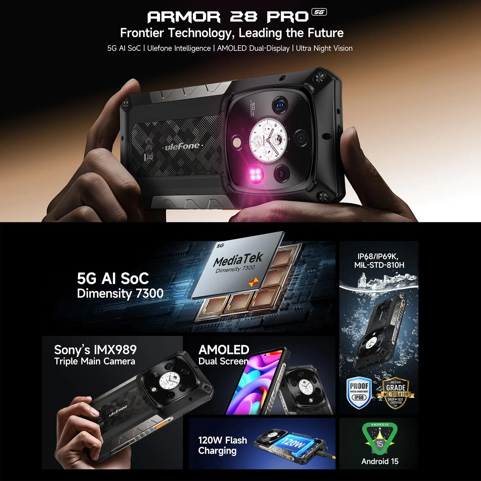 Ulefone Armor 28 Pro Rugged Phone 16GB+512GB 6.67'' AMOLED Android 15 Dimensity 7300 10600mAh 64MP 120W NFC 5G AI Smartphone