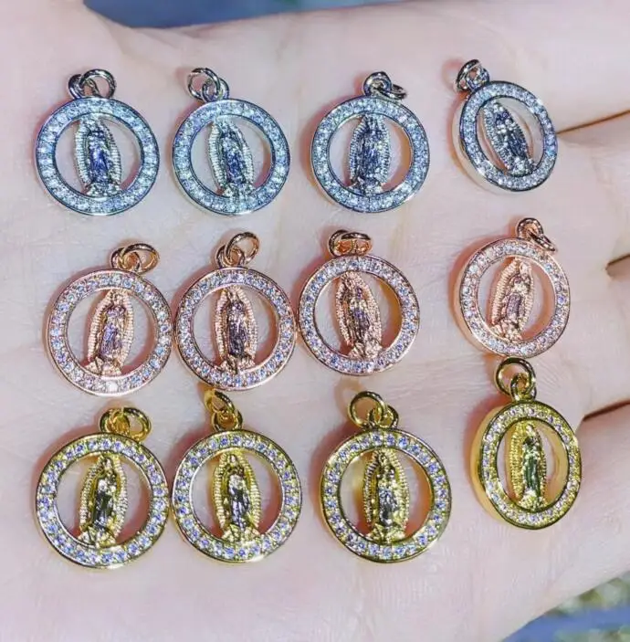 Breloques de collier de la Vierge Marie, pierre CZ ronde, or rose, pendentif de Jésus, bijoux exécutifs, vente en gros, 1PC, sie f3