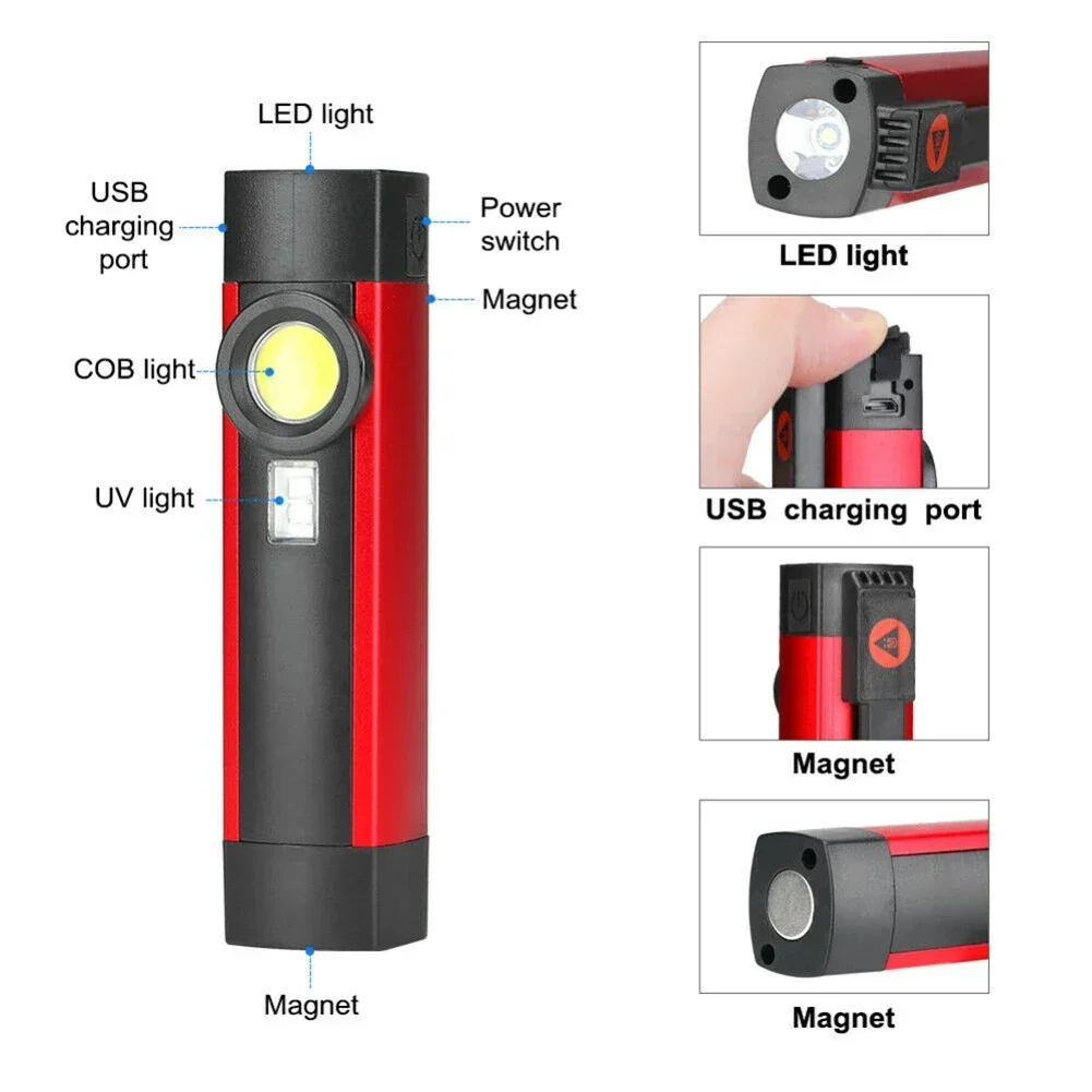 LED COB Flashlight USB Rechargeable Work Light 4 Mode Mechanic Inspection Lamp Hand Torch For Hunting Cycling Climbing Camping