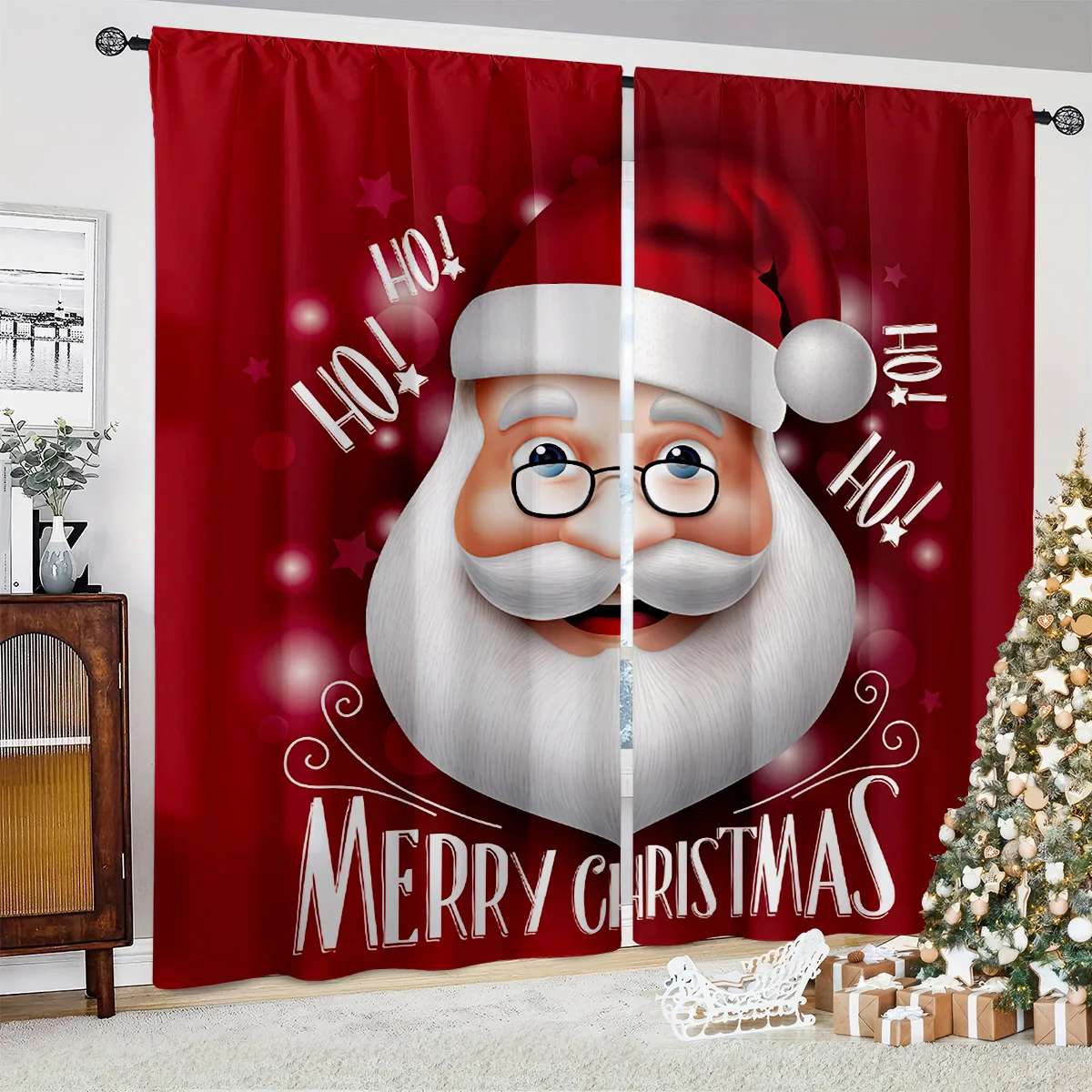 

2pcs Retro Red Cartoon Santa Claus Printed Curtains Restaurant Party Decoration Curtains Kids Gifts Household Items
