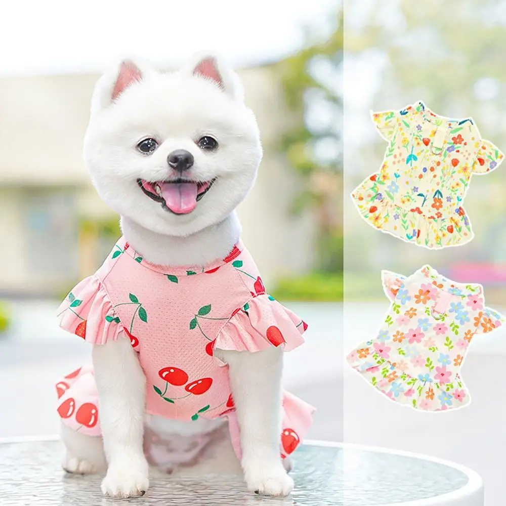 

Breathable Dog Floral Skirt Adjustable Flower Pattern Pet Flying Sleeve Skirt Comfortable Soft Ice Silk Dog Clothes