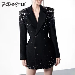 TWOTWINSTYLE Patchwork Pearls Blazer For Women Notched Collar Long Sleeve Tunic Spliced Button Designer Blazers Female Fashion