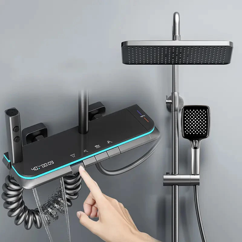 

Элегантная термостатическая душевая система с дождевой системой и цифровым дисплеем, многофункциональная ручная палочка для семейной ванной комнаты, спа-комфорта