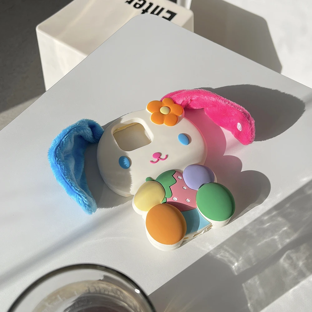 Japan Ins Rainbow Bunny Rabbit Weiche Silikonhülle für iPhone 16 15 14 13 12 Pro Max 3D Cartoon stoßfeste Abdeckung mit Riemenohr – Detail 4