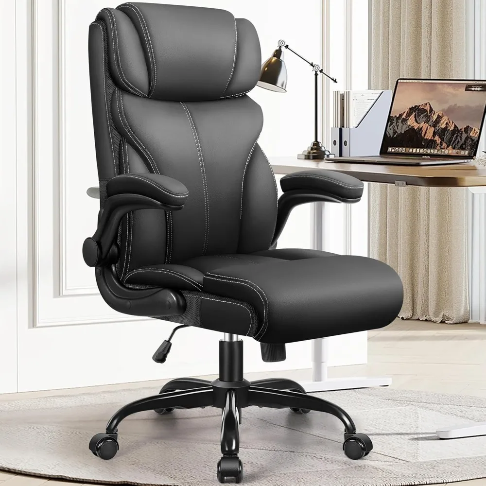 Ergonomic Big and Tall Computer Desk Chairs, Executive Breathable Leather Chair with Adjustable High Back Flip-up Armrests