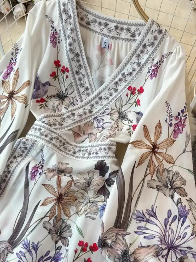 Abito da donna vintage con scollo a V incrociato manica lunga a lanterna con stampa floreale Autunno Bohemian Flower Beach A Line Belt Bandage Wrap Vestidos
