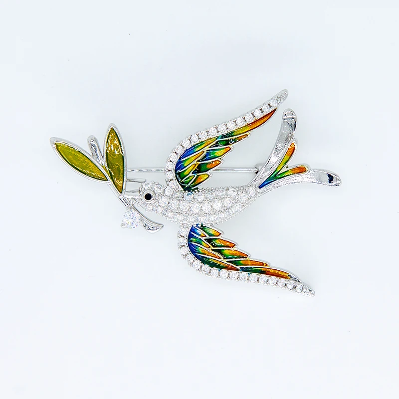 Enamel Bird Brooches For Women Men Rhinestone CZ Peace Dove Pins Olive Branch Wedding Jewelry Pigeon Badge New Year Party Gifts view 6