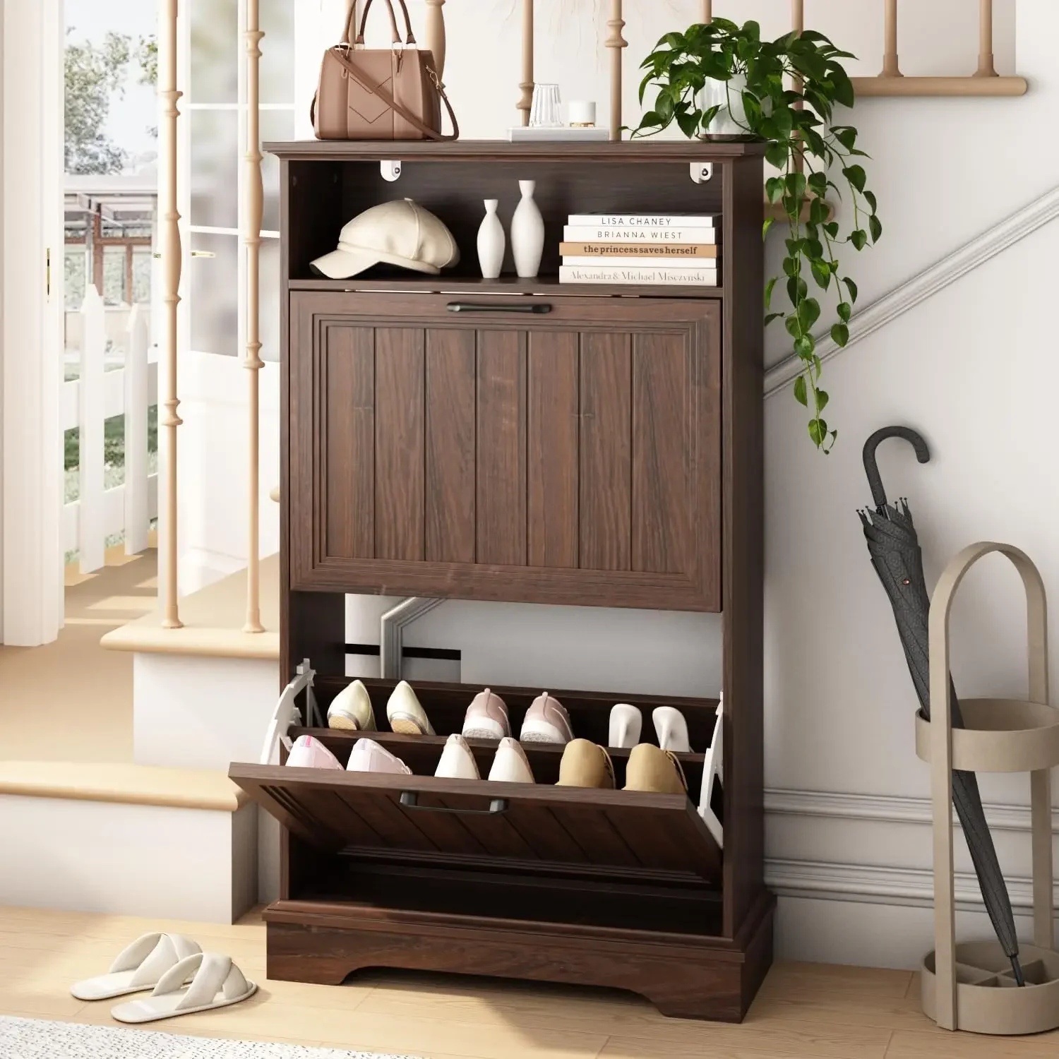 

Shoe Storage Cabinet with 2 Flip Drawers, 24" W Farmhouse Modern Hidden Shoes Rack Cabinet with Adjustable Shelves & Open Storag