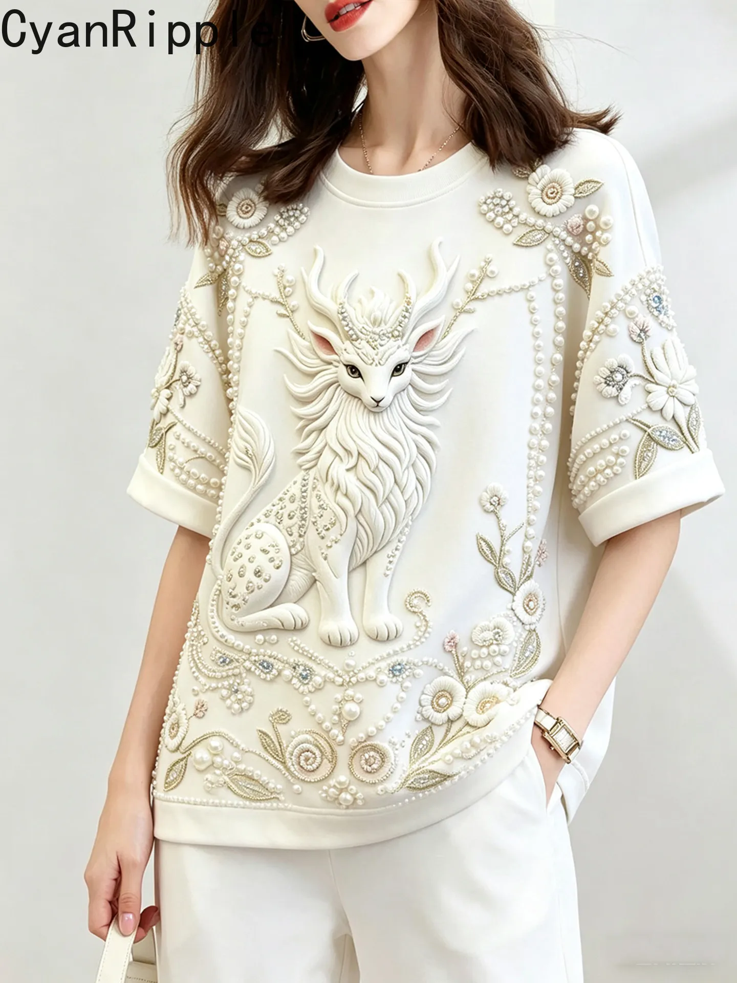 High Quality Large Size Spring Summer Loose Women T-shirt Diamonds Beads Round Neck Pullover Top All-match Half Sleeve T Shirts